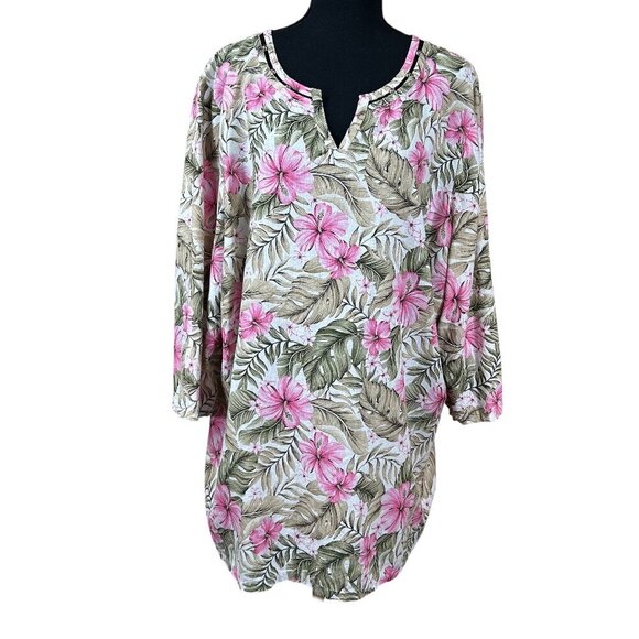Coral Bay Pink Green Tropical Floral Linen Beaded 3/4 Sleeve Tunic Top Size 3X - Picture 1 of 9